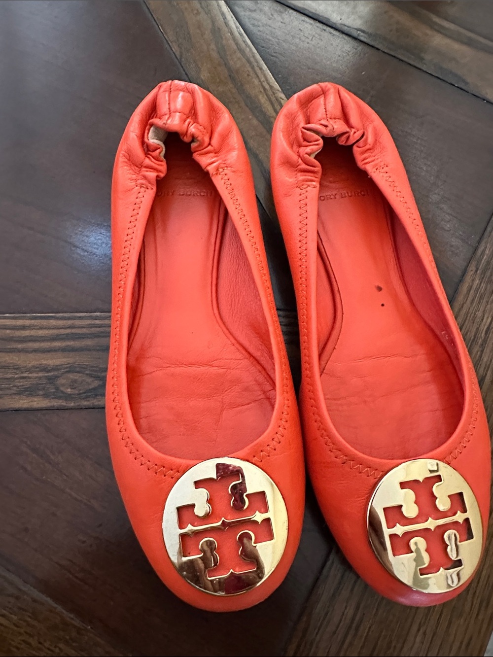 Tory Burch Coral-Orange Leather Logo Ballet Flats
